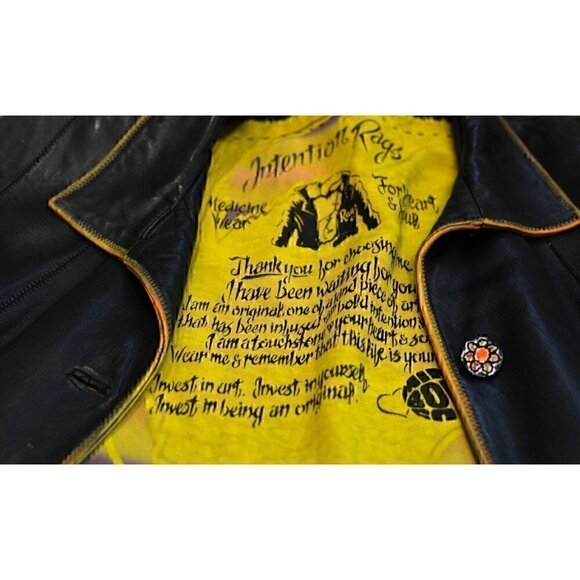 Vintage black leather coat; hand painted fiber art, sunflower sz M - Picture 13 of 16